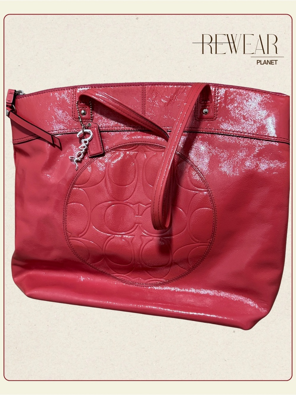 Coach Signature Embossed Patent Leather Tote Bag Pink Coral Large F18900